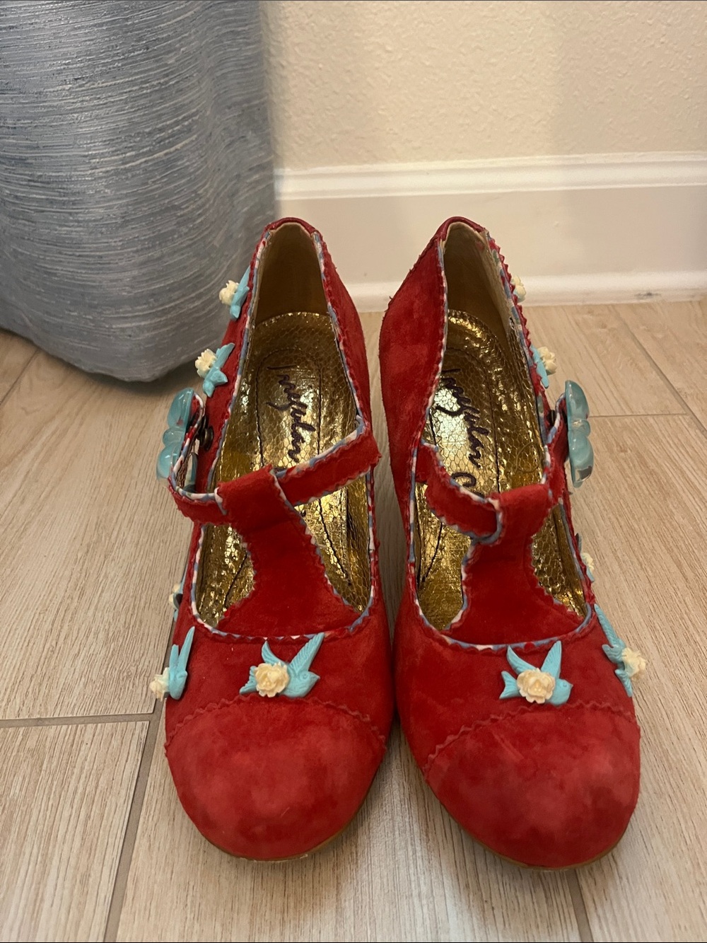 Irregular Choice Red Floral T-Strap Pumps with Blue & Cream Accents